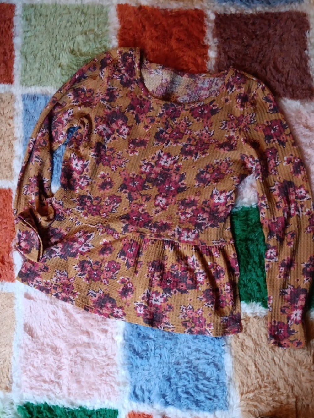 Longsleeve Waffle Knit Peplum Top in a Mustard Floral Print